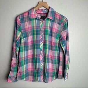 Talbots Lightweight Plaid Cotton Button Down Shirt, Size M Petite, Green Pink